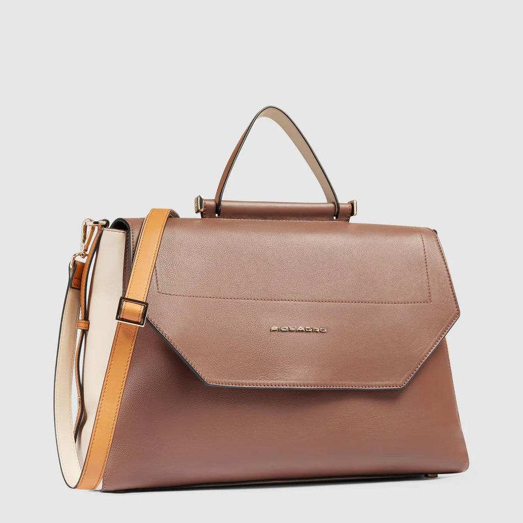 Borsa donna modello satchel in pelle porta pc 14" Marrone Beige - Qshops (Piquadro)