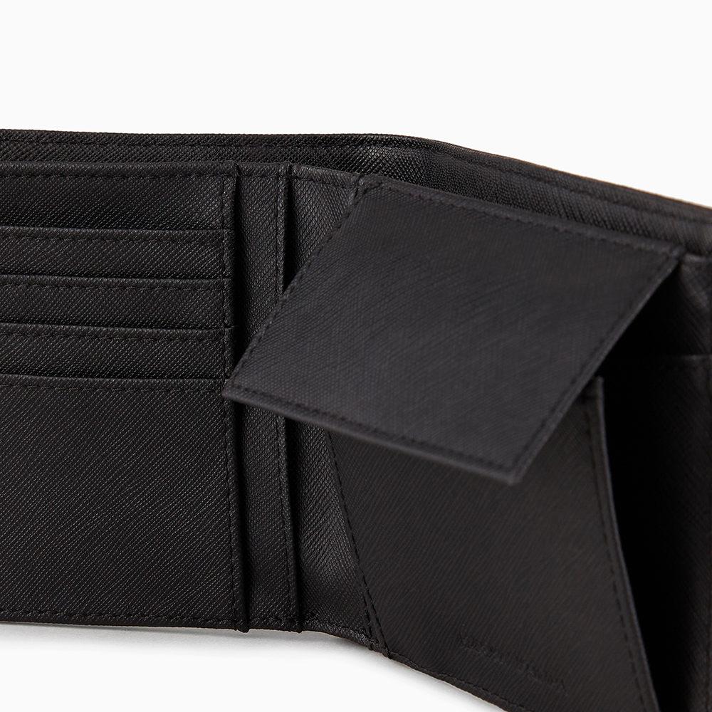 Portafoglio coin pocket in pelle rigenerata saffiano placchetta aquila ASV Nero - Qshops (Emporio Armani)
