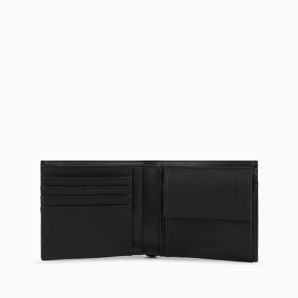 Portafoglio coin pocket in pelle rigenerata saffiano placchetta aquila ASV Nero - Qshops (Emporio Armani)