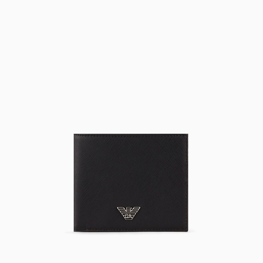 Portafoglio coin pocket in pelle rigenerata saffiano placchetta aquila ASV Nero - Qshops (Emporio Armani)