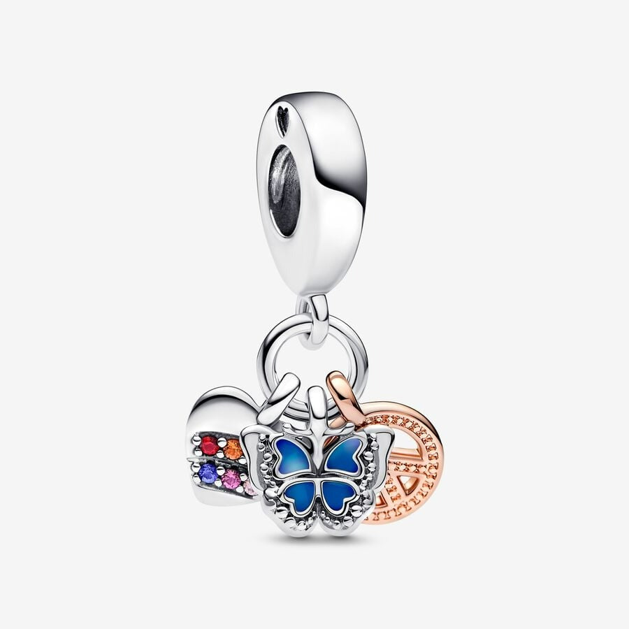 Charm pendente bicolore triplo Cuore Arcobaleno, Farfalla e Pace - Qshops (Pandora)