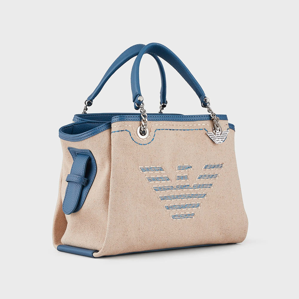 Borsa a mano in lino con maxi ricamo e charm aquila Blu - Qshops (Emporio Armani)