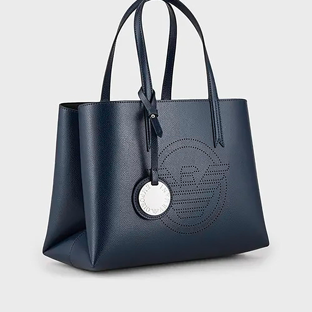 Borsa a mano finish palmellato con charm e maxi logo perforato Blu Navy - Qshops (Emporio Armani)